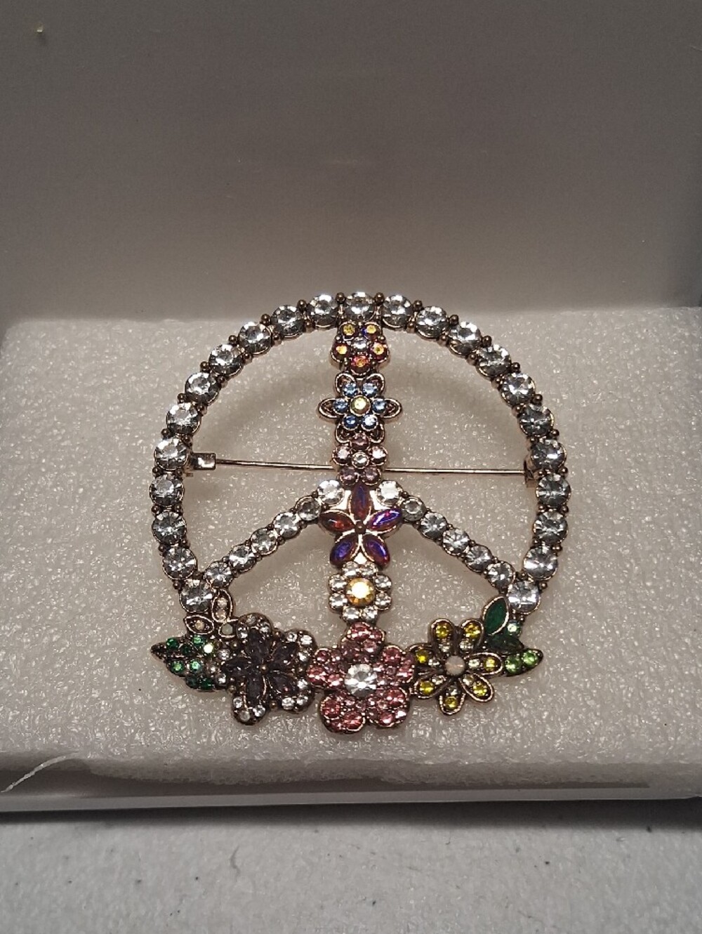 Vintage Multicolor Crystal Peace Sign Flower Brooch - Women Jewelry - Picture 2 of 5